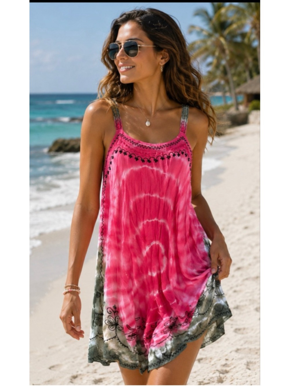 New SHORELINE Pink Green Tie-Dye Rayon Sundress S